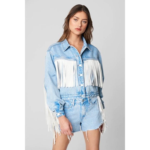 BlankNYC Jacket Nice Try Blue Denim White Fringe Button - Picture 3 of 14